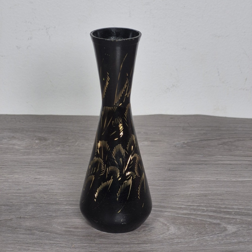 Vintage Etched Brass Bud Vase Black Enamel Made in India